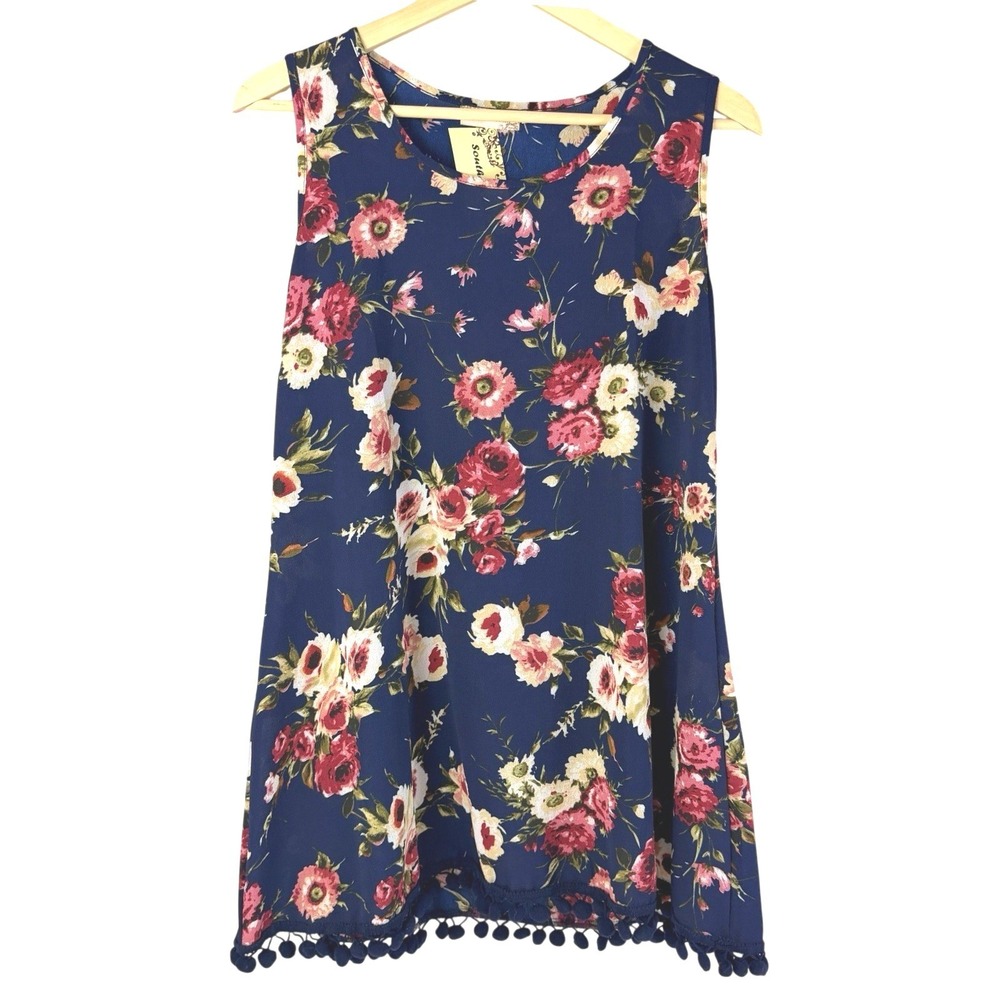 Southern Stitch Floral Tunic Tank Top Navy Pom Pom Hem Boho Cottagecore M NWT